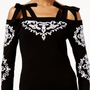 INC Black & White Fancy Cold Shoulder Top M NWT